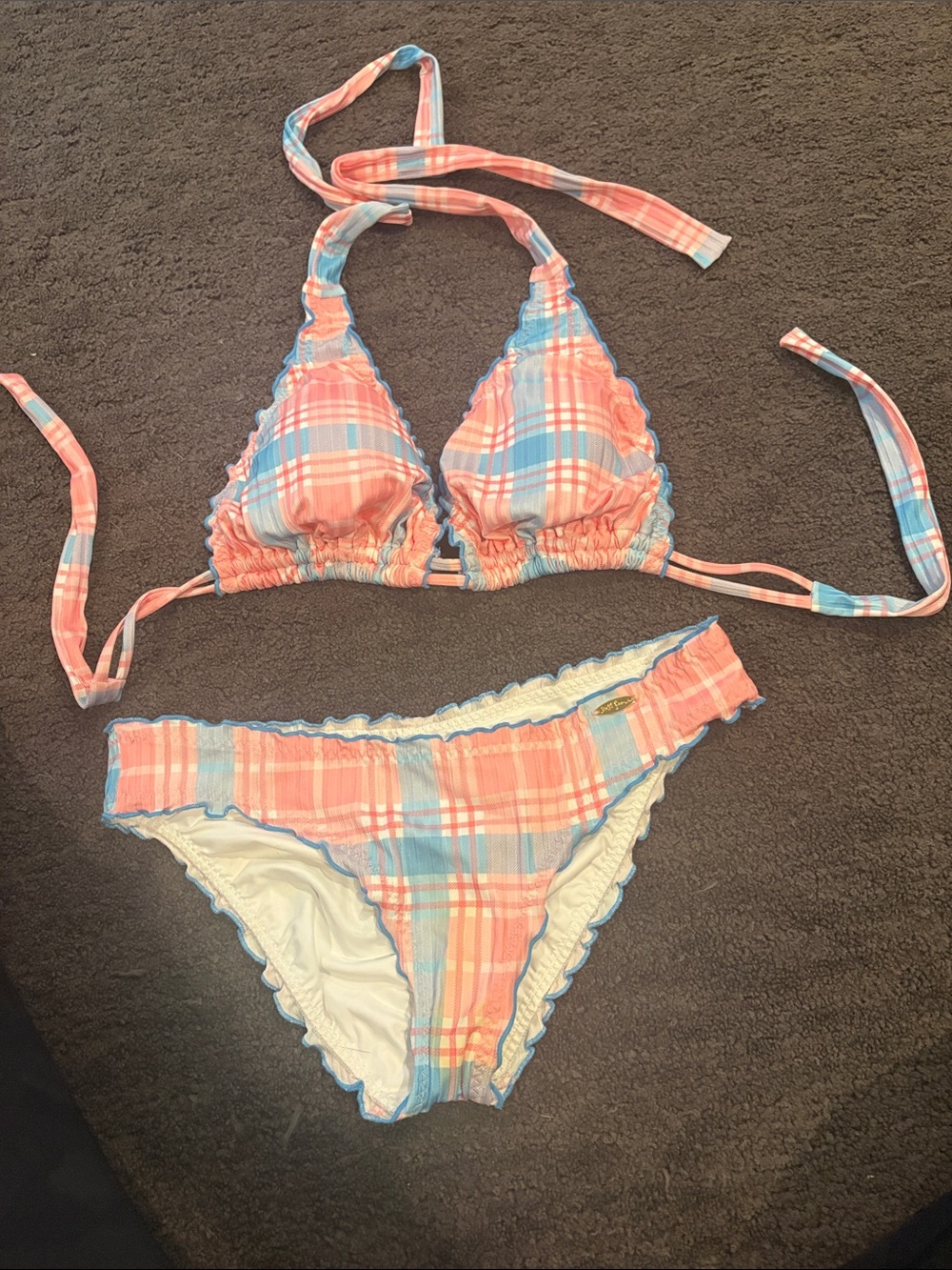 Like new Luli Fama Plaid Triangle Bikini Set - Pink & Blue. Top-D cup, Bottom-M